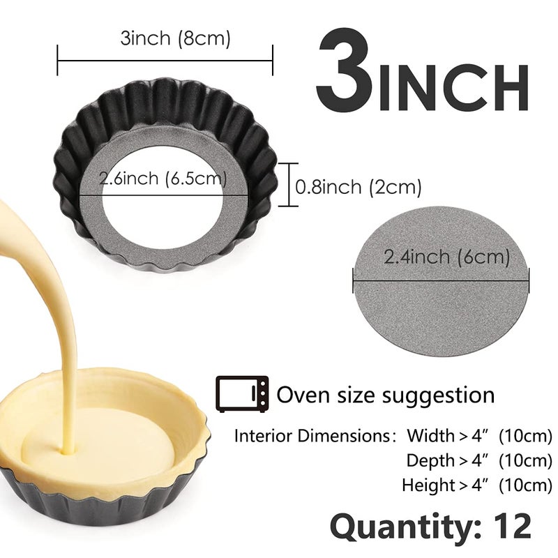 Cyimi 12 pcs Egg Tart Molds, 3"" Mini Tart Pans Removable Bottom, Cupcake Cake Muffin Mold Tin Pan Baking Tool, Reusable Quiche Bakeware Carbon Steel for Pies, Quiche, Cheese Cakes, Desserts - Image 2